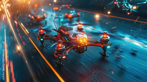 Futuristic drone racing at night. Multiple drones are in fast motion on a road in a vibrant, colorful, and dynamic urban environment. photo