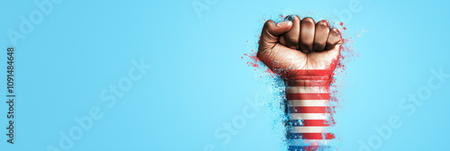 A raised fist surrounded by a flowing American flag, symbolizing unity, freedom, and equality, set against a clean, hopeful background to honor Martin Luther King Jr.'s legacy.
