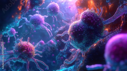 A colorful depiction of microscopic cells in a vibrant, abstract environment.