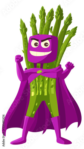 Cheerful Asparagus Superhero Character Mascot with Purple Mask and Cape Vector Art