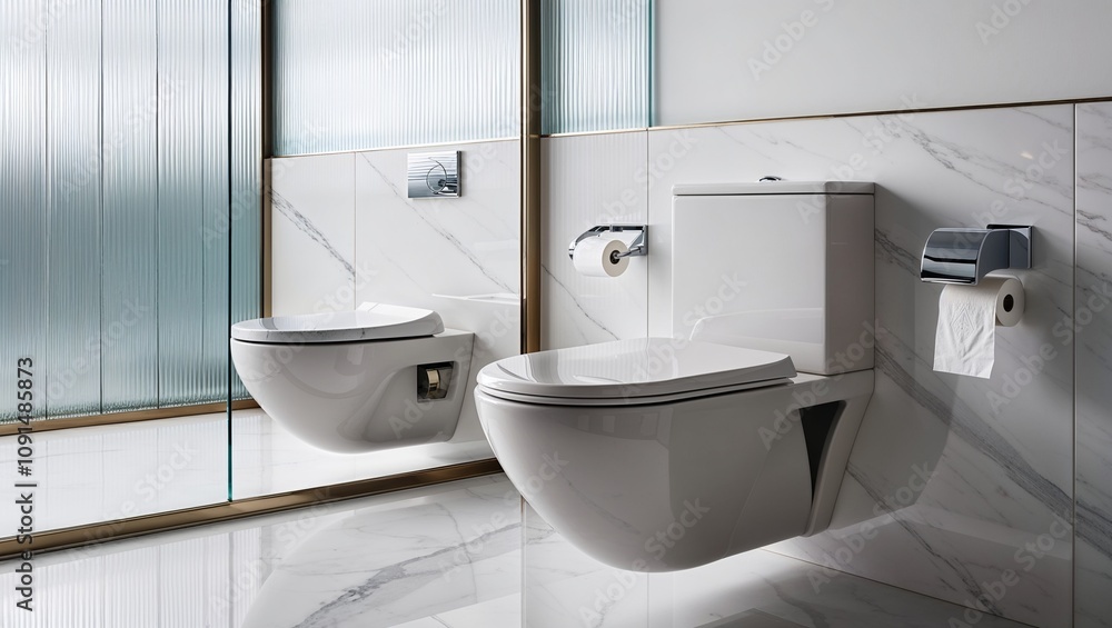 Fototapeta premium A minimalist white bathroom features modern wall-mounted toilets with sleek design, reflecting purity and cleanliness in contemporary architectural style.