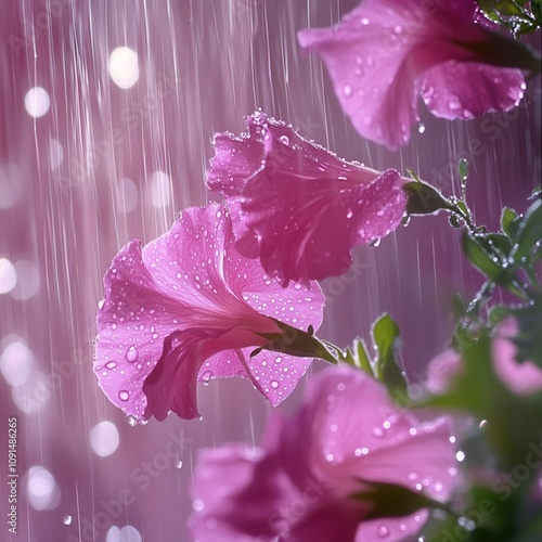 Pink flowers with raindrops in soft light.