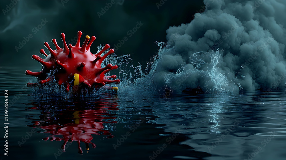 Fototapeta premium 3D Render: Virus Impacting Water, Dark Smoke Background, Realistic Digital Art