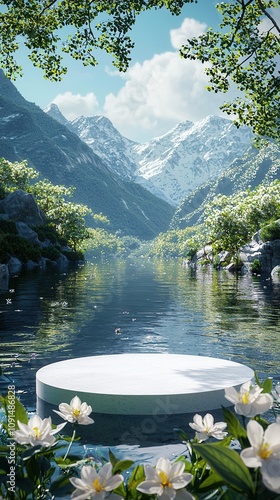 Serene lake surrounded by majestic mountains.