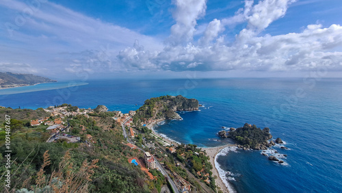 View of the Ionian Sea and the island of Isola Bella from the viewpoints in Taormina, Sicily photo