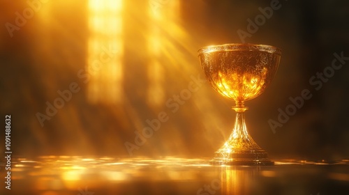 A gleaming golden trophy elegantly positioned on a reflective table surface, illuminated by soft golden light, creating a warm and prestigious ambiance. photo