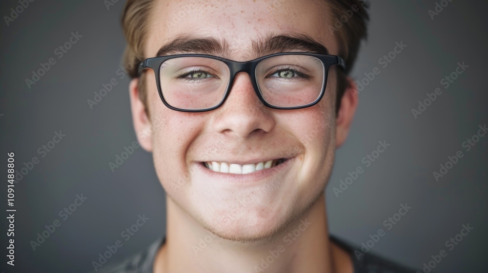 Fototapeta premium A young man wearing glasses smiles directly at the camera