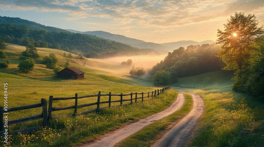 Sunrise Over Rolling Hills Rustic Wooden Cabin Scene Sunrise Over Rolling Hills Rustic Wooden Cabin Scene