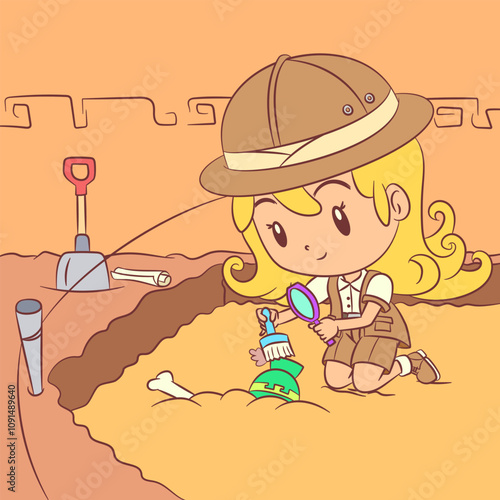 Archaeologist, girl, archaeological, dig, excavation, hand drawn, vector illustration