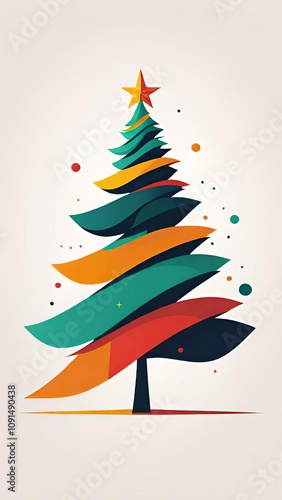 Ein moderner, abstrakter Weihnachtsbaum mit geschwungenen, bunten Formen und goldenem Stern an der Spitze vor einem schlichten, hellen Hintergrund – ideal für kreative Grußkarten. Generative KI.