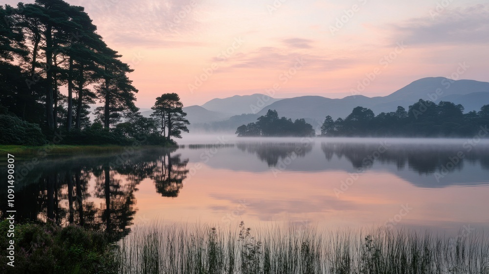 Fototapeta premium Serene lake landscape at dawn with mist and reflections of trees and mountains.