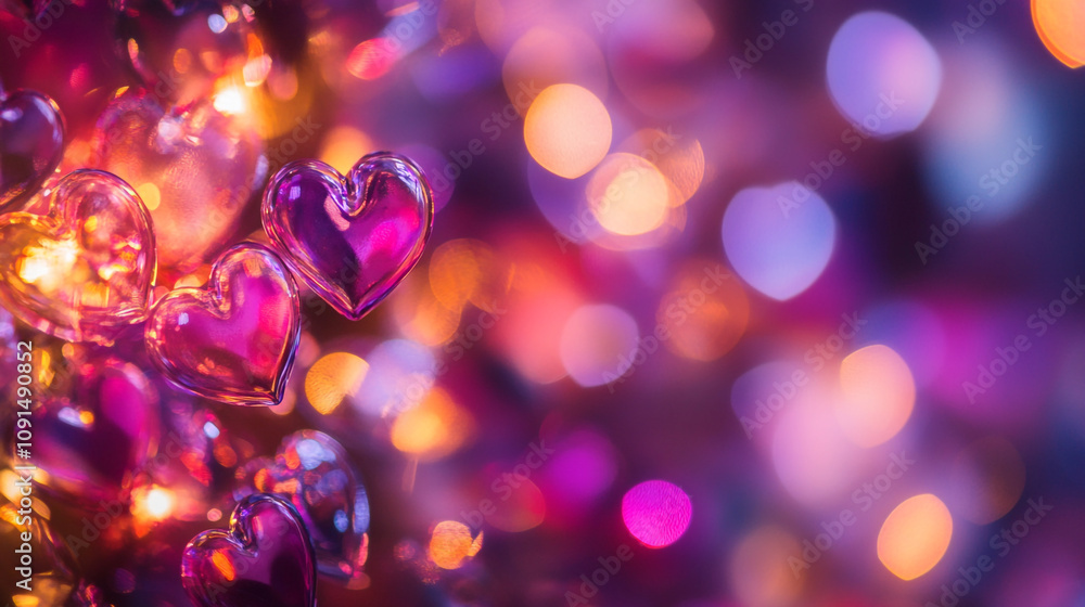 Colorful hearts create a romantic atmosphere with soft glowing lights in a cozy setting Colorful hearts create a romantic atmosphere with soft glowing lights in a cozy setting