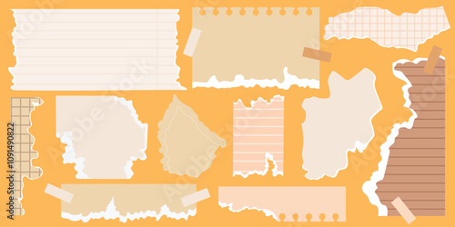 Flat vector illustration of torn paper fragments. Simple torn sheets with pieces of adhesive tape. Decorative elements for scrapbooking or newspaper