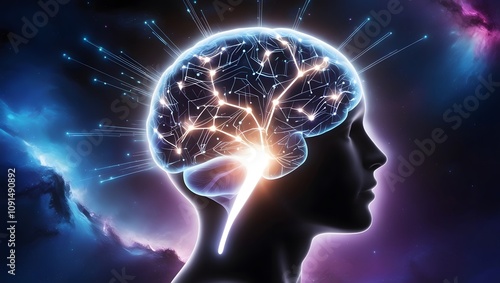 Silhouette of a head with a network of glowing neural connections against a cosmic background. Ideal for concepts of neuroscience, artificial intelligence.