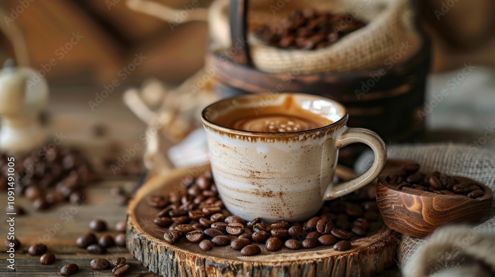 Fototapeta premium Rustic Coffee Cup with Beans on Wooden Tray