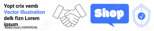 Handshake symbol, shop button, and shield with check mark. Ideal for online shopping, secure transactions, e-commerce, business partnerships, and customer trust. Banner for landing page