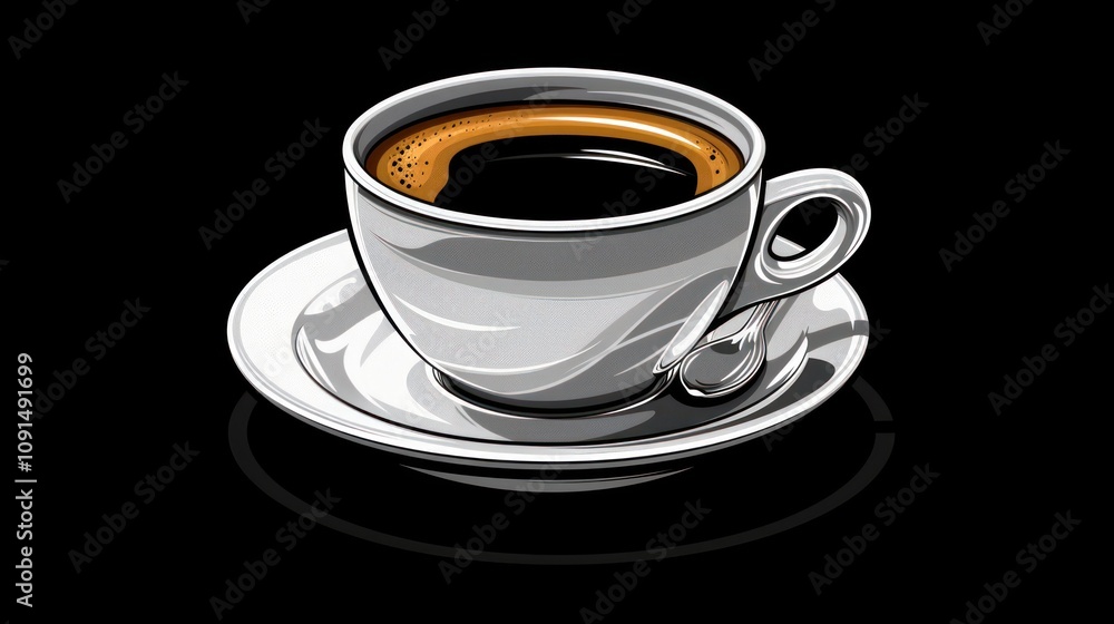 A detailed illustration of a white coffee cup filled with dark coffee on a saucer, against a black background. A detailed illustration of a white coffee cup filled with dark coffee on a saucer, against a black background.