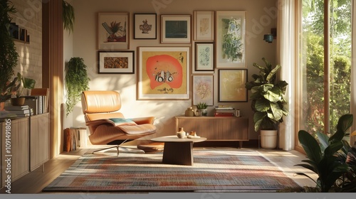 Wallpaper Mural A cozy living room features eclectic decor, soft lighting, plants, and a tranquil garden view. Torontodigital.ca