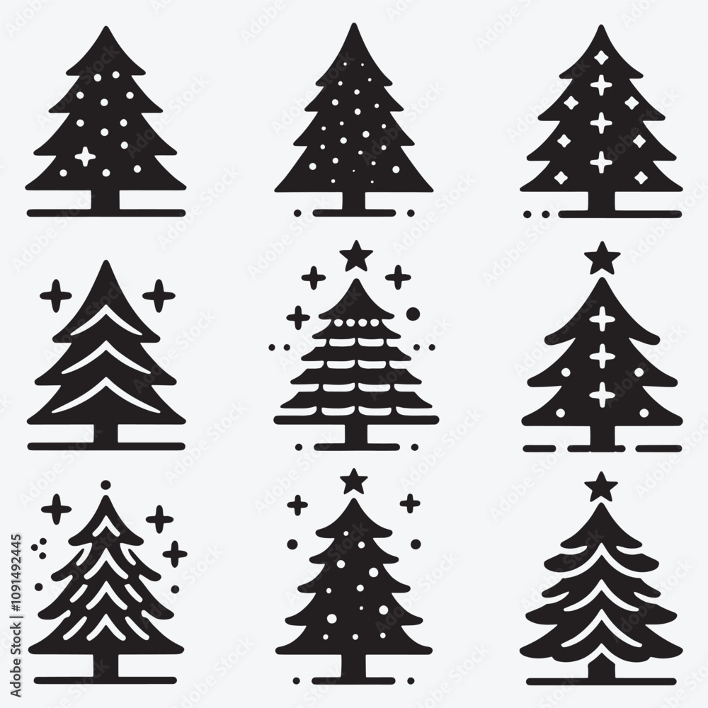 Obraz premium Christmas Tree Silhouette Collection Clip Art Vector illustration Isolated on White Background