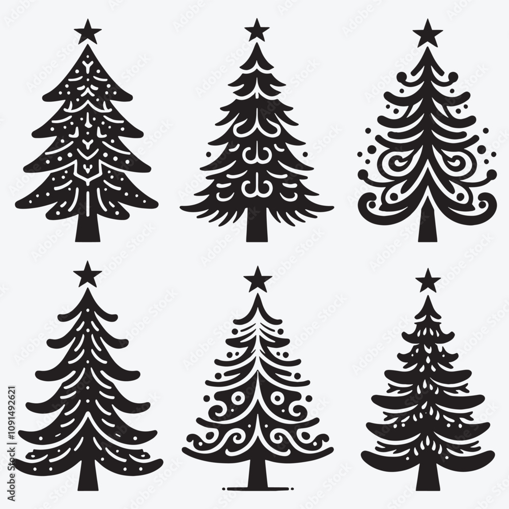 Obraz premium Christmas Tree Silhouette Collection Clip Art Vector illustration Isolated on White Background