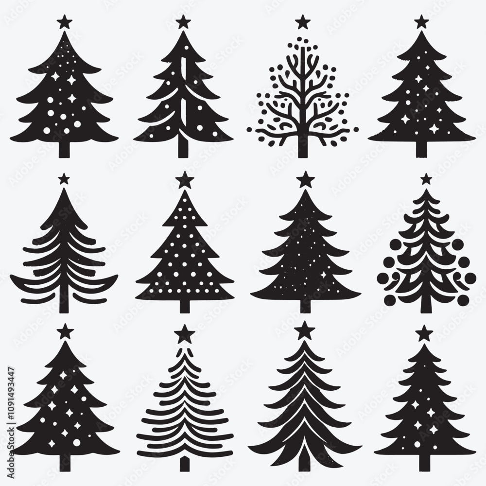 Obraz premium Christmas Tree Silhouette Collection Clip Art Vector illustration Isolated on White Background