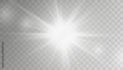 White glowing light explodes on a transparent background. Sparkling magical dust particles. Bright Star.