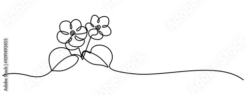 African violet in continuous line art drawing style. Saintpaulia flowering plant black linear sketch isolated on white background. Vector illustration, Purple Viola. New Brunswick, pro design.