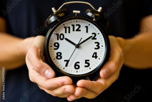 Wallpaper Mural A person holds an analog alarm clock, symbolizing the concept of time management and the importance of punctuality. Torontodigital.ca