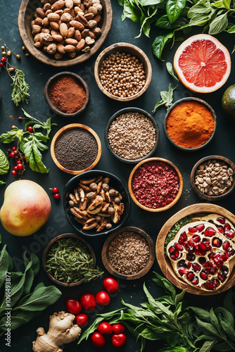 A variety of different types of nuts and spices in bowls on a table