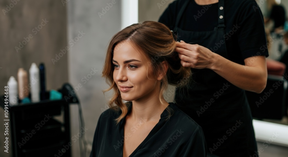 Naklejka premium Hair Stylist Creating Elegant Updo for Woman