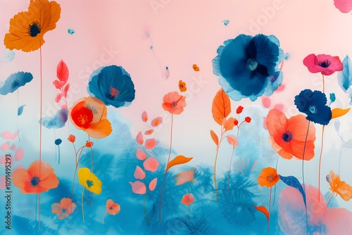 Abstract illustration of vibrant multi colored flowers and plants