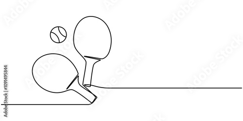 Table Tennis Continuous Line Illustration, Table Tennis Racket One Line Drawing: Continuous Hand Drawn Sport, Ping pong rackets one line art. Continuous line drawing of table tennis, sport, fitness.