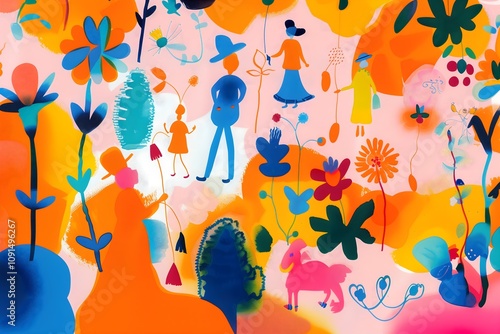 Abstract illustration of vibrant multi colored flowers and plants