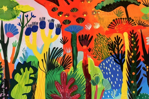 Abstract illustration of vibrant multi colored flowers and plants