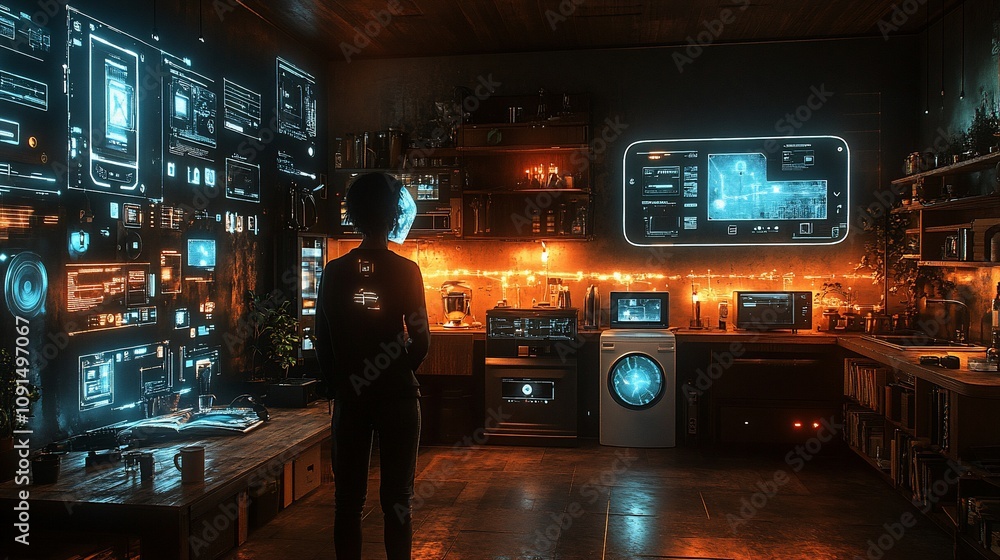 A futuristic kitchen with holographic interfaces and smart appliances, blending technology and lifestyle. A futuristic kitchen with holographic interfaces and smart appliances, blending technology and lifestyle.