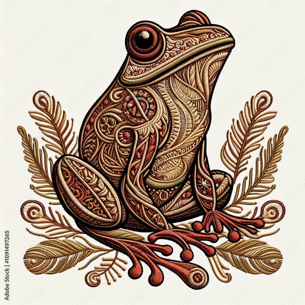 Embroidered Style Frog A frog depicted in an embroidered style w Embroidered Style Frog A frog depicted in an embroidered style w