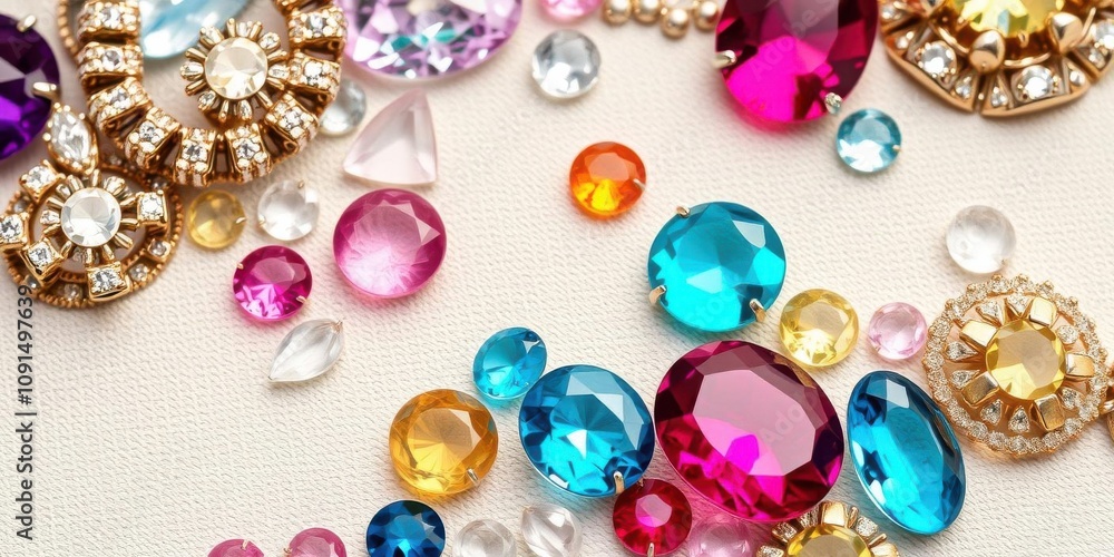 Jewels in various shapes and sizes arranged on a sleek grey background, expensive, diamonds Jewels in various shapes and sizes arranged on a sleek grey background, expensive, diamonds