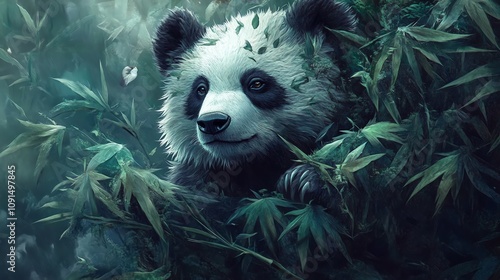 A charming panda peeking through lush green bamboo, embodying the beauty of wildlife in its natural habitat. photo