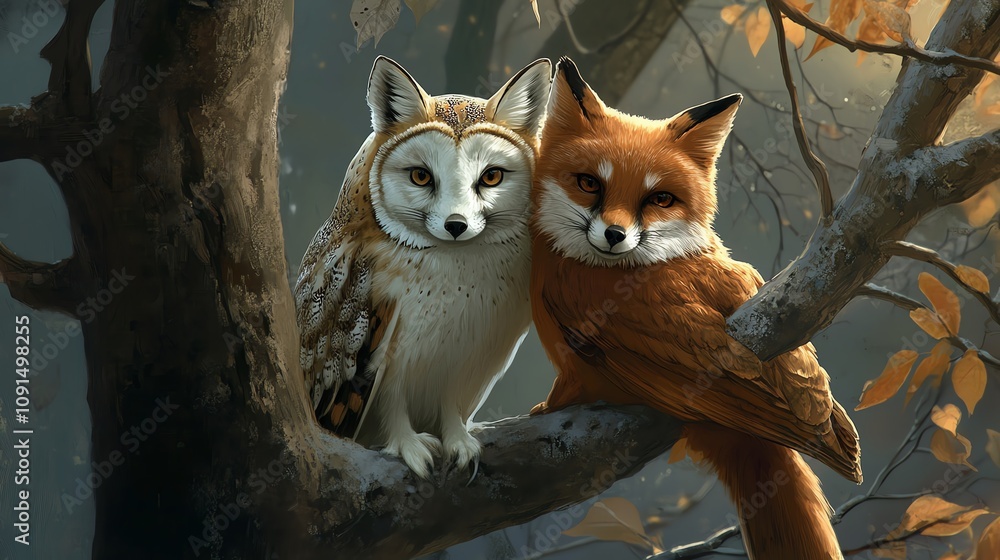Fototapeta premium A charming scene of an owl and a fox nestled together on a tree branch in a serene forest setting.