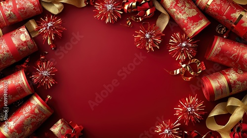 Festive red and gold Christmas crackers with ribbons photo