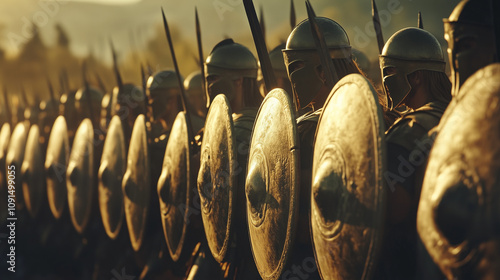 A dramatic scene of Spartans lined up in a phalanx formation, their shields interlocked and spears pointing forward