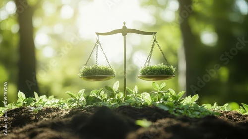 A balance scale set in nature symbolizes the harmony between ecological responsibility and growth. Perfect for themes of sustainability and justice. photo