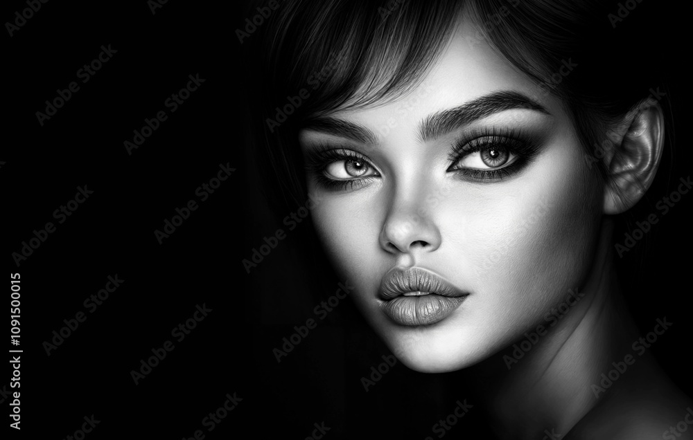 Fototapeta premium Black and white woman beauty model face. Portrait of sexy african american girl. Pretty lady, fashion makeup, skin and hair. Glamour female. Young elegant woman on black background. Studio portrait bg