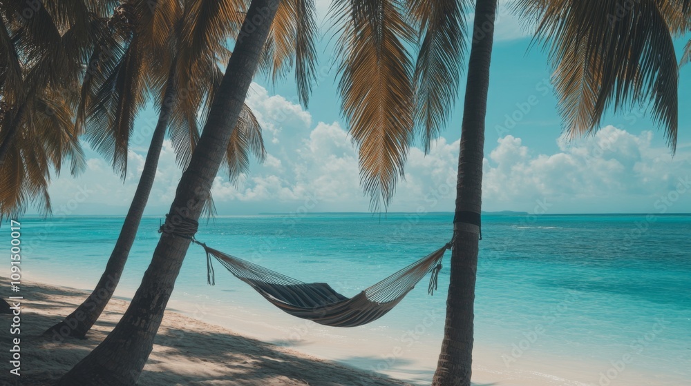 Fototapeta premium Relaxation in paradise with a hammock hanging between palm trees. Feel the tropical breeze and enjoy the serene ocean view. Find your escape now. Generative AI