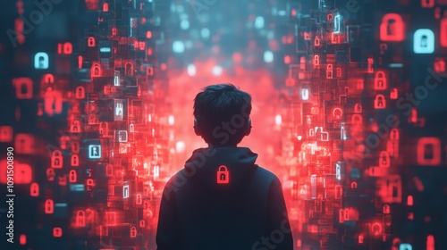 A child stands in a digital landscape filled with glowing padlocks, symbolizing security and privacy.