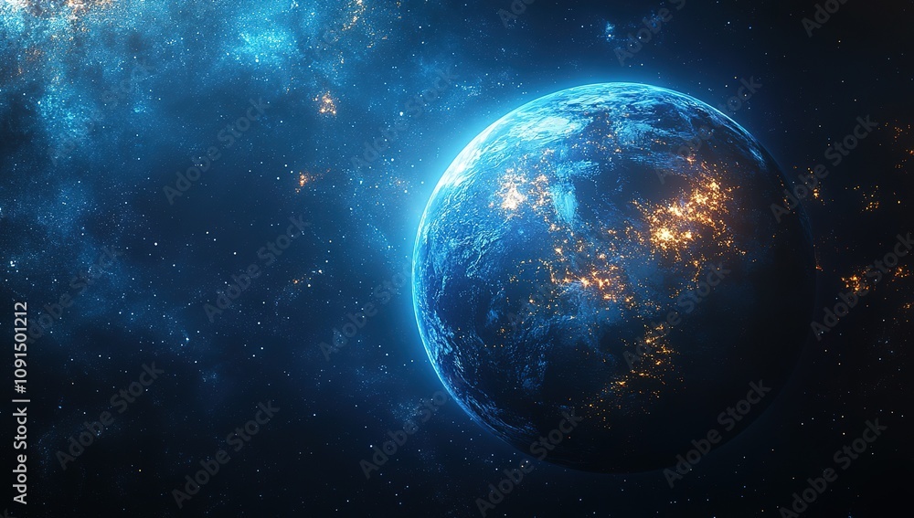 Fototapeta premium Planet Earth at night, illuminated by city lights, set against a backdrop of a star-studded, blue nebula.