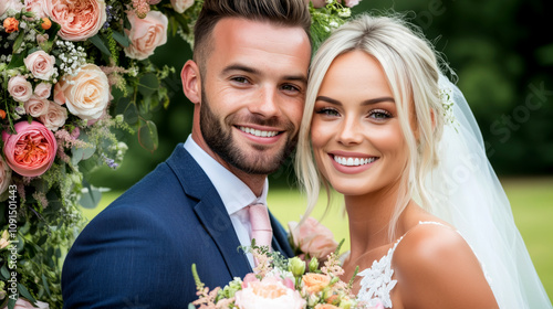 Joyful couple celebrating their wedding day in a floral setting photo