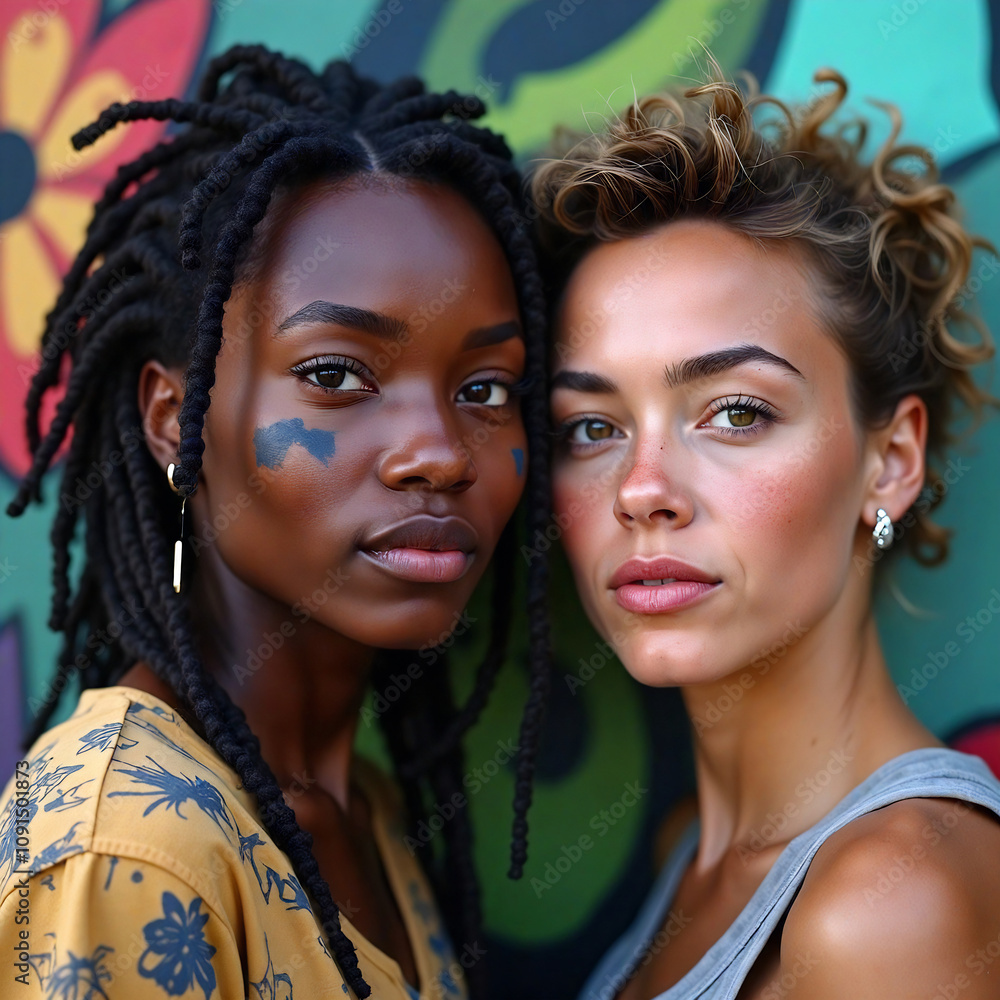 Obraz premium Friends with colorful face paint smile warmly in front of a vibrant mural, capturing the joy of friendship and cultural celebration in a lively setting.