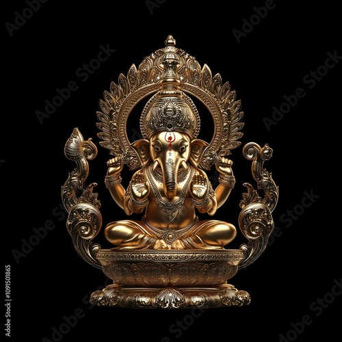 Intricately detailed golden statue of Lord Ganesha, exuding tranquility and spiritual elegance against a black backdrop.