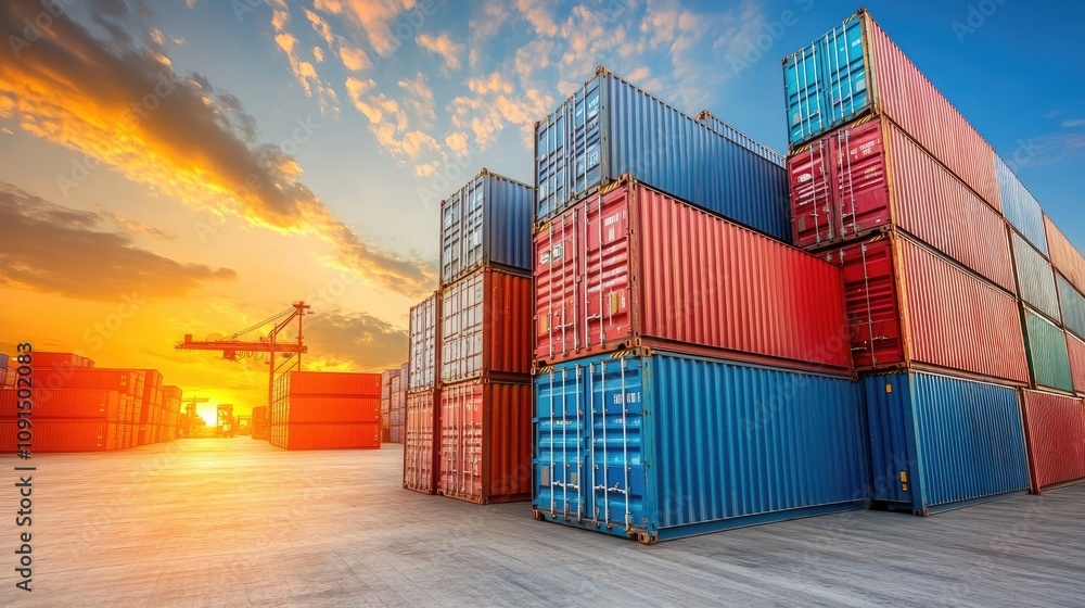 Fototapeta premium Containers in shipping yard, shipping port, 3D